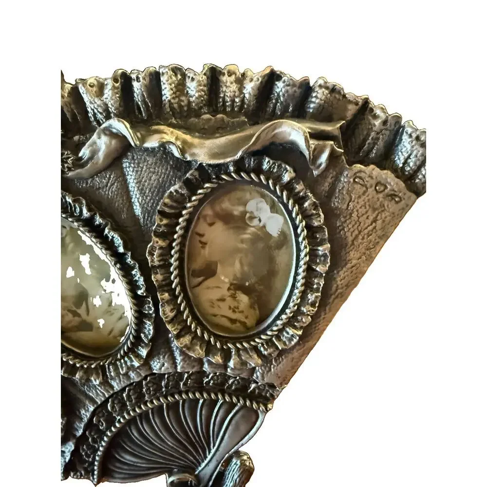 Vintage Ornate Pewter Fan Picture Frame Victorian Rose 3 Photo Stand Heavy